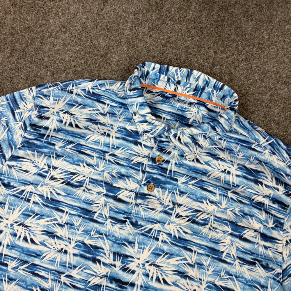 Caribbean Joe Mens Size XL Blue Bamboo Tropical Print Short Sleeve Polo Shirt